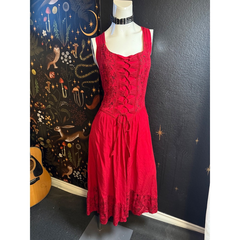 Pyramid Collection Red Embroidered Lace Up Corset Midi Dress Womens 1X Rayon